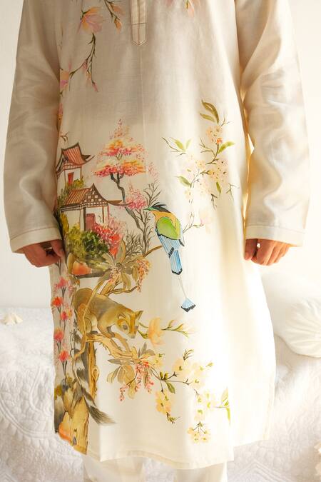Shop_Wabi Sabi By Anshum-Ritesh_Ivory Chanderi Raccoon Trail Hand Painted Kurta With Pyjama _Online_at_Aza_Fashions