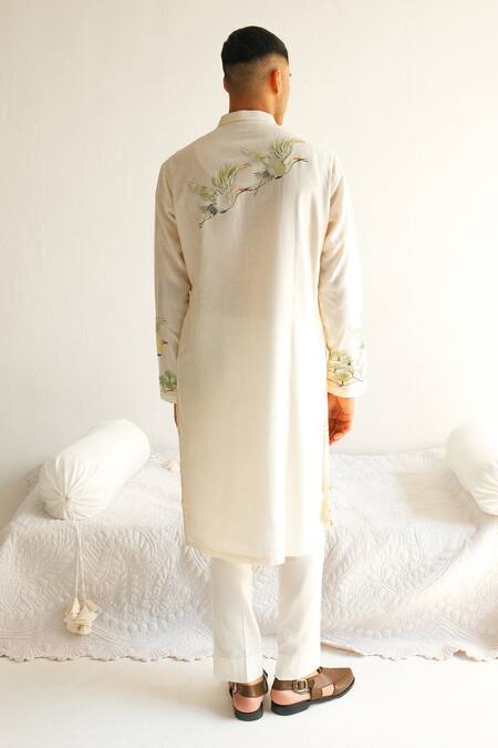 Shop Wabi Sabi By Anshum-Ritesh Ivory Chanderi Embroidery Musk Deer Hand Painted Kurta With Pyjama at Aza Fashions Shop_Wabi Sabi By Anshum-Ritesh_Ivory Chanderi Embroidery Musk Deer Hand Painted Kurta With Pyjama _at_Aza_Fashions