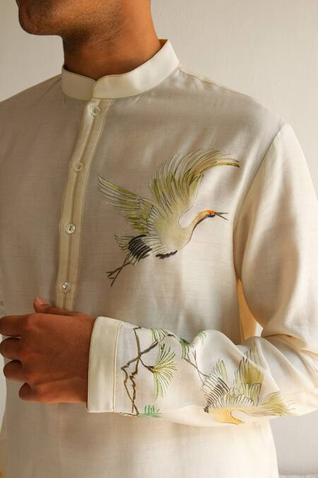 Buy Wabi Sabi By Anshum-Ritesh Ivory Chanderi Embroidery Musk Deer Hand Painted Kurta With Pyjama Online at Aza Fashions Buy_Wabi Sabi By Anshum-Ritesh_Ivory Chanderi Embroidery Musk Deer Hand Painted Kurta With Pyjama _Online_at_Aza_Fashions