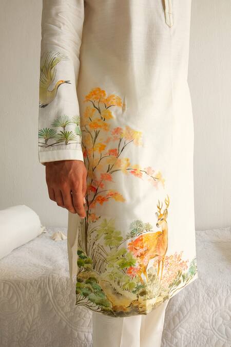 Shop Wabi Sabi By Anshum-Ritesh Ivory Chanderi Embroidery Musk Deer Hand Painted Kurta With Pyjama Online at Aza Fashions Shop_Wabi Sabi By Anshum-Ritesh_Ivory Chanderi Embroidery Musk Deer Hand Painted Kurta With Pyjama _Online_at_Aza_Fashions