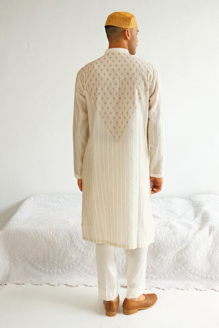 Shop_Wabi Sabi By Anshum-Ritesh_Ivory Chanderi, Cotton Embroidery Asterisk Kurta With Pyjama _at_Aza_Fashions