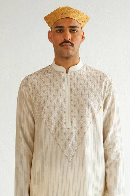 Buy_Wabi Sabi By Anshum-Ritesh_Ivory Chanderi, Cotton Embroidery Asterisk Kurta With Pyjama _Online_at_Aza_Fashions