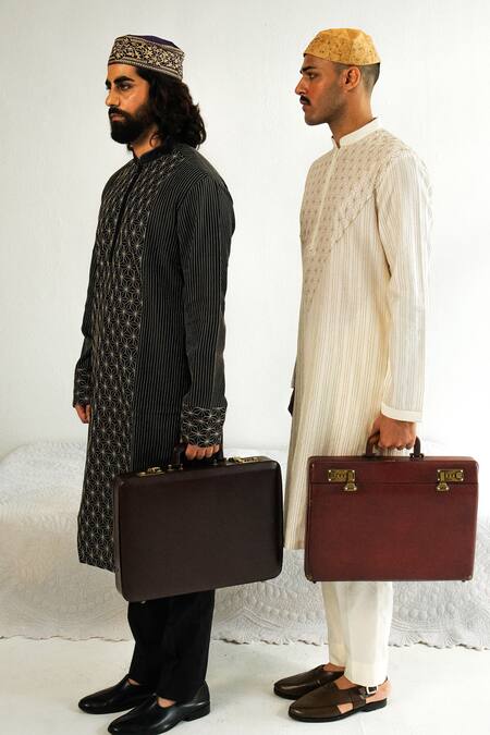 Shop_Wabi Sabi By Anshum-Ritesh_Ivory Chanderi, Cotton Embroidery Asterisk Kurta With Pyjama _Online_at_Aza_Fashions