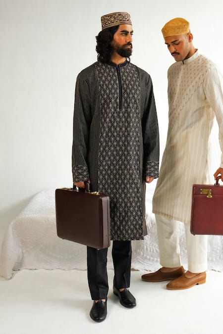 Wabi Sabi By Anshum-Ritesh Black Chanderi Embroidery Asterisk Kurta And Pyjama Set at Aza Fashions Wabi Sabi By Anshum-Ritesh_Black Chanderi Embroidery Asterisk Kurta And Pyjama Set _at_Aza_Fashions