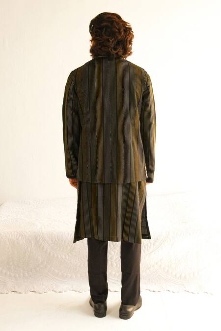 Shop_Wabi Sabi By Anshum-Ritesh_Black Cotton, Silk Embroidery, Applique Bundi Kurta Set _at_Aza_Fashions