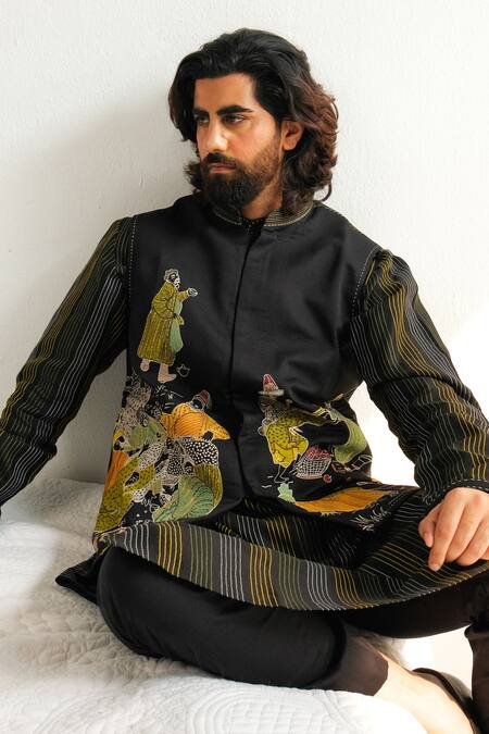 Wabi Sabi By Anshum-Ritesh_Black Cotton, Silk Embroidery, Applique Bundi Kurta Set _Online_at_Aza_Fashions