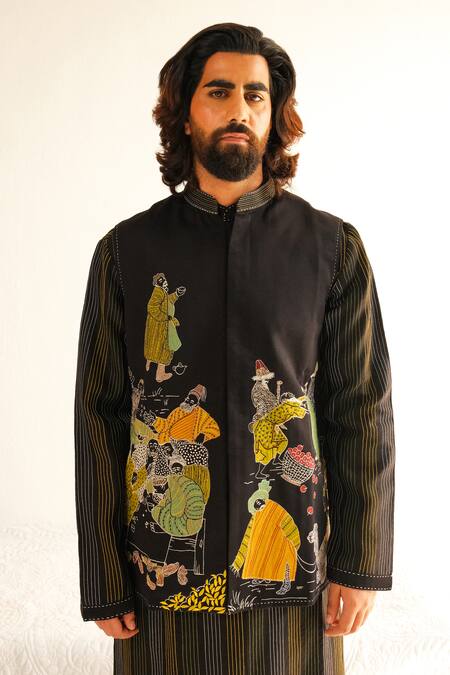 Buy_Wabi Sabi By Anshum-Ritesh_Black Cotton, Silk Embroidery, Applique Bundi Kurta Set _Online_at_Aza_Fashions