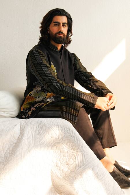 Shop_Wabi Sabi By Anshum-Ritesh_Black Cotton, Silk Embroidery, Applique Bundi Kurta Set _Online_at_Aza_Fashions