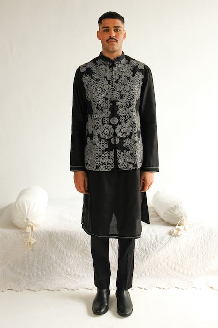 WABI SABI BY ANSHUM-RITESH Black Cotton Silk Embroidery Arabesque Bundi Kurta Set 