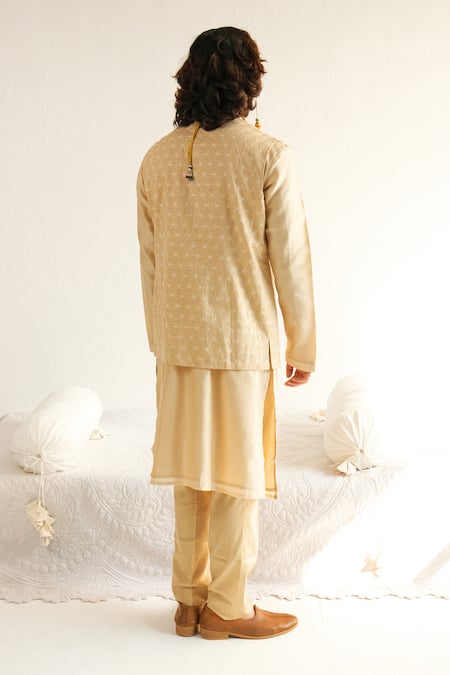 Shop_Wabi Sabi By Anshum-Ritesh_Beige Cotton, Silk Embroidery Asterisk Bundi Kurta Set _at_Aza_Fashions