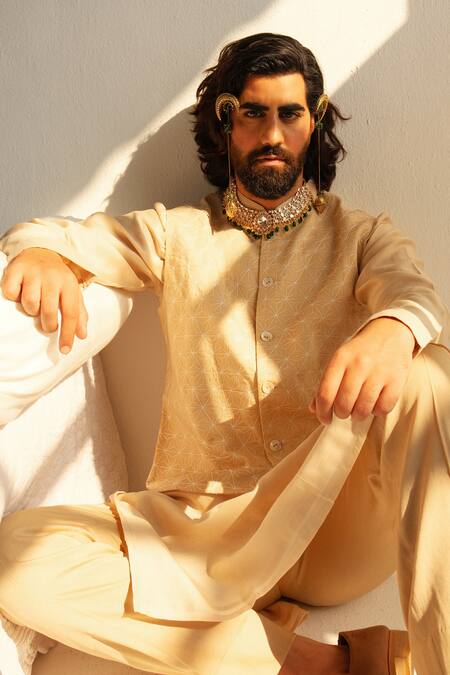 Buy_Wabi Sabi By Anshum-Ritesh_Beige Cotton, Silk Embroidery Asterisk Bundi Kurta Set _Online_at_Aza_Fashions