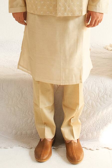 Shop_Wabi Sabi By Anshum-Ritesh_Beige Cotton, Silk Embroidery Asterisk Bundi Kurta Set _Online_at_Aza_Fashions