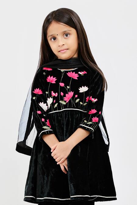 Mamma Plz_Black Velvet, Voile Embroidery Floral Anarkali Set _Online_at_Aza_Fashions