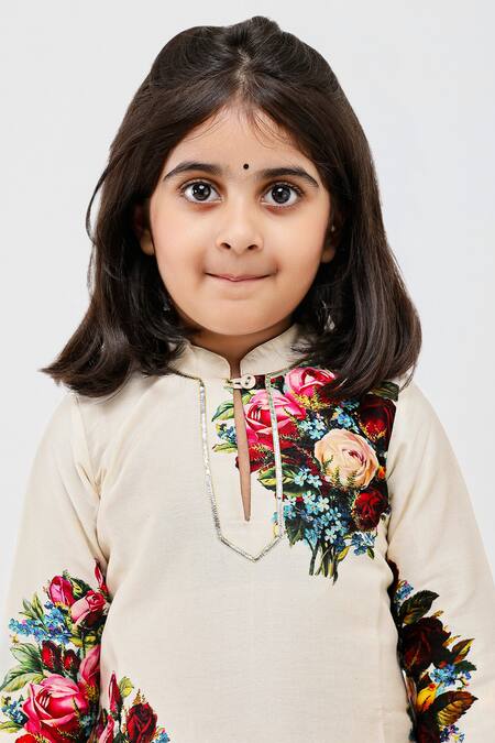 Buy_Mamma Plz_Ivory , Handloom Embroidery Flora Print Kurta Pyjama Set _Online_at_Aza_Fashions