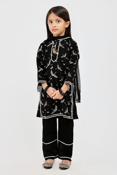 Mamma Plz Black Handwoven Chanderi Printed Fauna Kurta Pyjama Set 