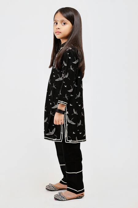 Buy_Mamma Plz_Black Cotton, Handloom Cotton, Chanderi Embroidery Fauna Print Kurta Pyjama Set _Online_at_Aza_Fashions
