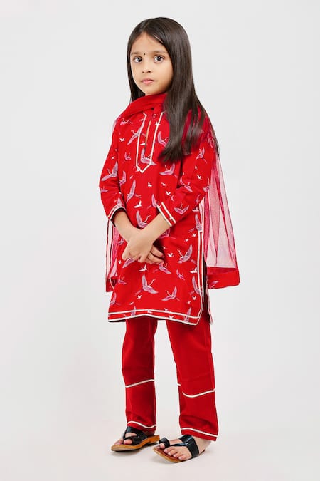 Mamma Plz Red Handwoven Chanderi Printed Fauna Birds Kurta Pyjama Set 