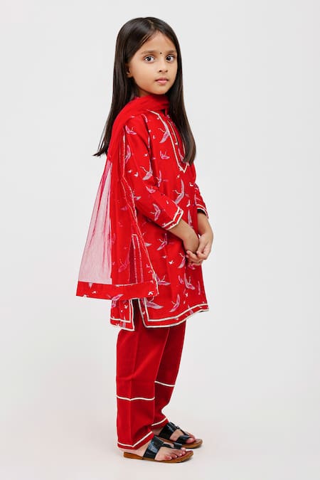 Mamma Plz_Red , Handloom Birds Print Kurta Pyjama Set _Online_at_Aza_Fashions