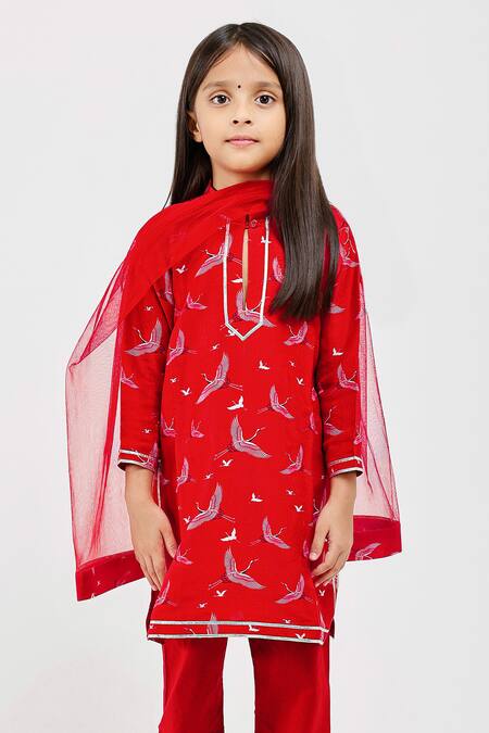 Buy_Mamma Plz_Red , Handloom Birds Print Kurta Pyjama Set _Online_at_Aza_Fashions