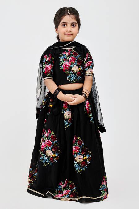 Mamma Plz_Black Handloom Cotton, Voile, Chanderi Embroidery Floral Print Lehenga Set _Online_at_Aza_Fashions