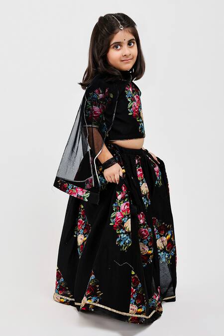 Buy_Mamma Plz_Black Handloom Cotton, Voile, Chanderi Embroidery Floral Print Lehenga Set _Online_at_Aza_Fashions