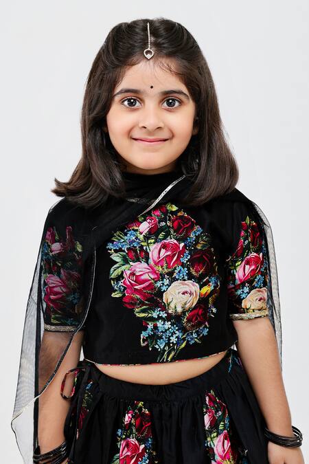 Shop_Mamma Plz_Black Handloom Cotton, Voile, Chanderi Embroidery Floral Print Lehenga Set _Online_at_Aza_Fashions