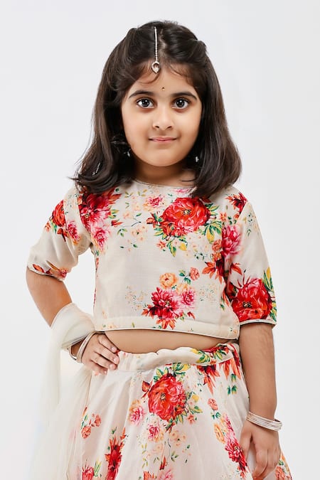 Mamma Plz_Ivory Handloom Cotton, Voile, Chanderi Floral Print Handwoven Lehenga Set _Online_at_Aza_Fashions