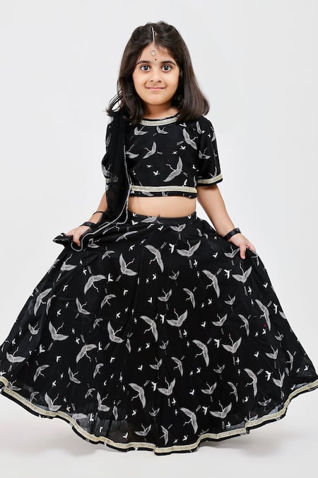 Mamma Plz Black Handwoven Chanderi Printed Fauna Lehenga Set 