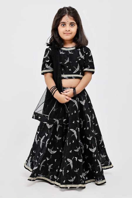 Mamma Plz_Black Handloom Cotton, Chanderi, Voile Embroidery Fauna Print Lehenga Set _Online_at_Aza_Fashions