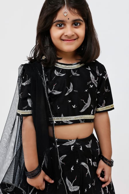 Buy_Mamma Plz_Black Handloom Cotton, Chanderi, Voile Embroidery Fauna Print Lehenga Set _Online_at_Aza_Fashions
