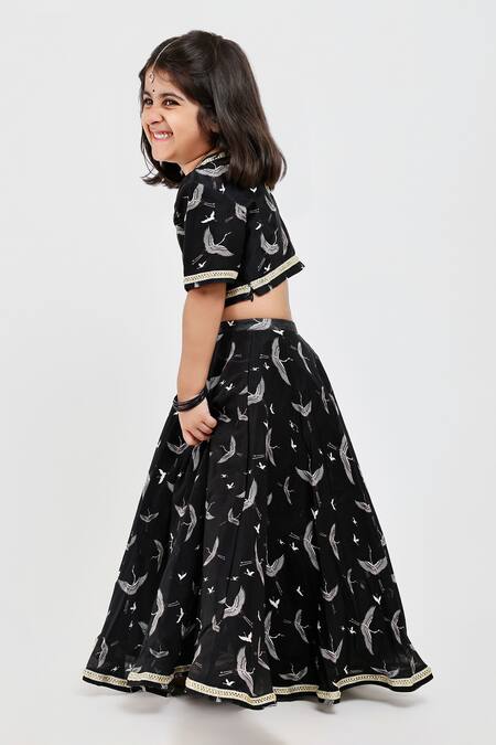Shop_Mamma Plz_Black Handloom Cotton, Chanderi, Voile Embroidery Fauna Print Lehenga Set _Online_at_Aza_Fashions