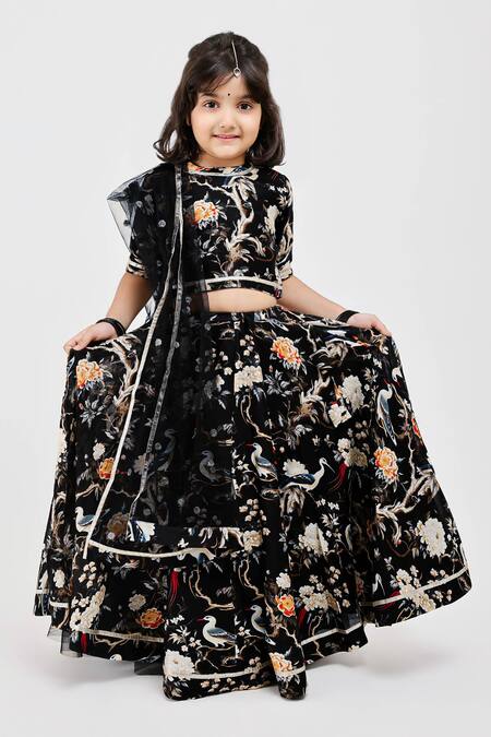 Mamma Plz_Black Handloom Cotton, Voile Handwoven Chanderi Floral Print Lehenga Set _Online_at_Aza_Fashions