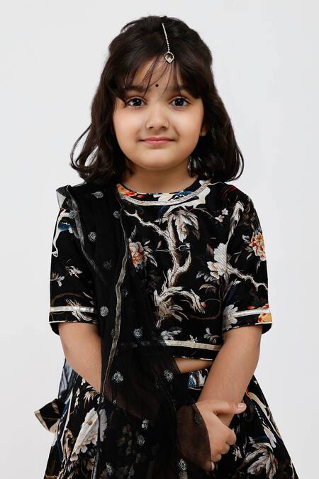 Buy_Mamma Plz_Black Handloom Cotton, Voile Handwoven Chanderi Floral Print Lehenga Set _Online_at_Aza_Fashions