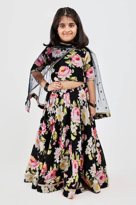 Mamma Plz_Black Handloom Cotton, Voile, Chanderi Rose Print Lehenga Set _Online_at_Aza_Fashions