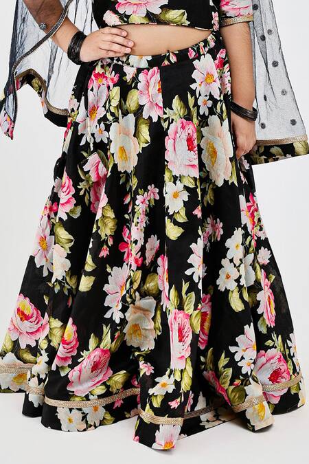 Buy_Mamma Plz_Black Handloom Cotton, Voile, Chanderi Rose Print Lehenga Set _Online_at_Aza_Fashions