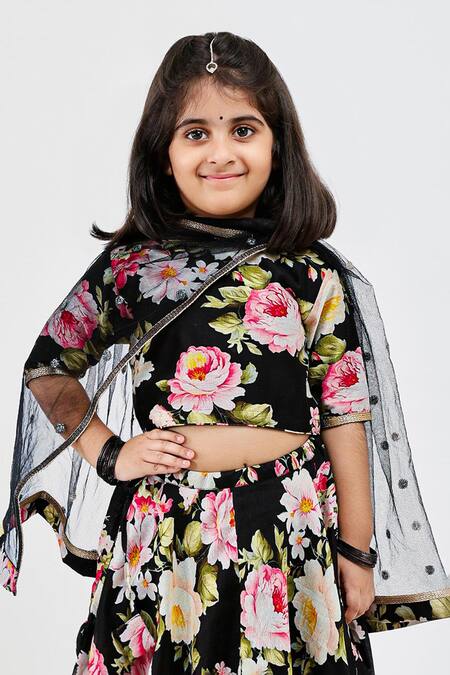 Shop_Mamma Plz_Black Handloom Cotton, Voile, Chanderi Rose Print Lehenga Set _Online_at_Aza_Fashions