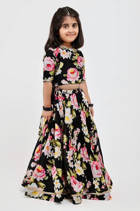 Mamma Plz_Black Handloom Cotton, Voile, Chanderi Rose Print Lehenga Set _at_Aza_Fashions
