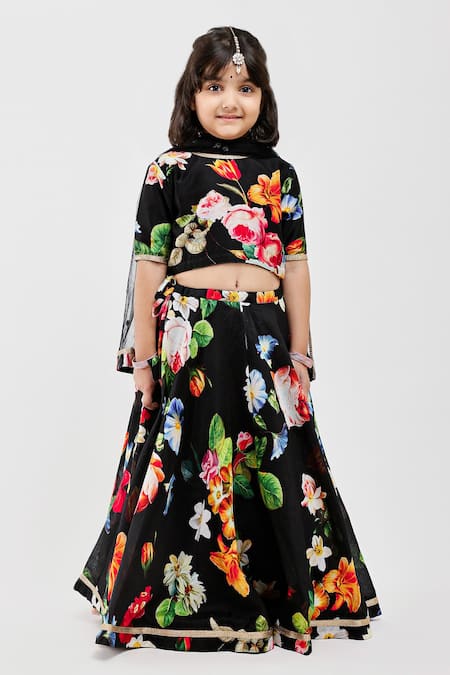 Mamma Plz Black Handwoven Chanderi Printed Floral Lehenga Set 