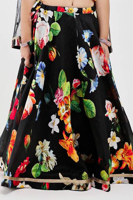 Mamma Plz_Black Handloom Cotton, Chanderi Floral Print Lehenga Set _Online_at_Aza_Fashions