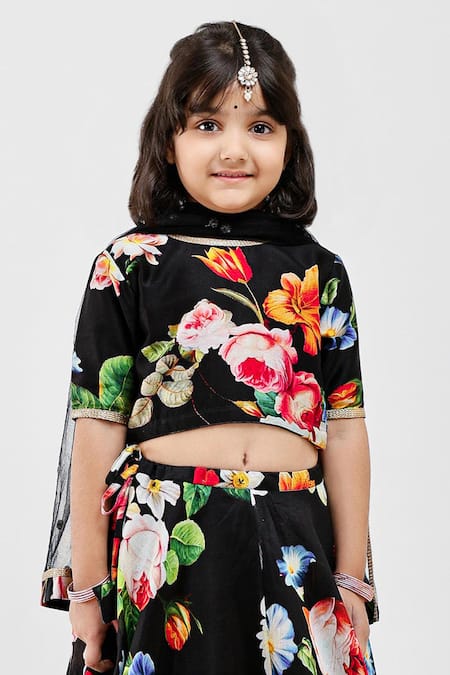 Buy_Mamma Plz_Black Handloom Cotton, Chanderi Floral Print Lehenga Set _Online_at_Aza_Fashions