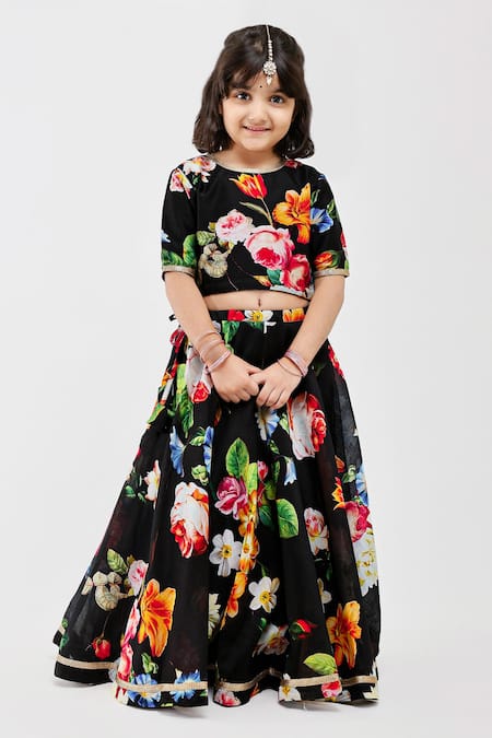 Shop_Mamma Plz_Black Handloom Cotton, Chanderi Floral Print Lehenga Set _Online_at_Aza_Fashions