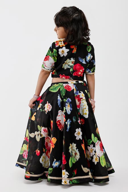 Mamma Plz_Black Handloom Cotton, Chanderi Floral Print Lehenga Set _at_Aza_Fashions