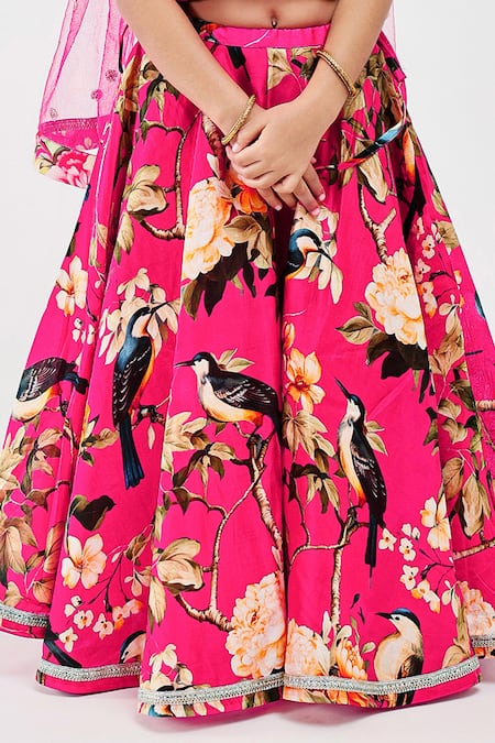 Mamma Plz_Pink Handloom Cotton, Voile, Chanderi Bird Print Lehenga Set _Online_at_Aza_Fashions