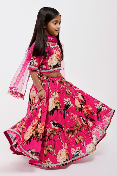 Buy_Mamma Plz_Pink Handloom Cotton, Voile, Chanderi Bird Print Lehenga Set _Online_at_Aza_Fashions
