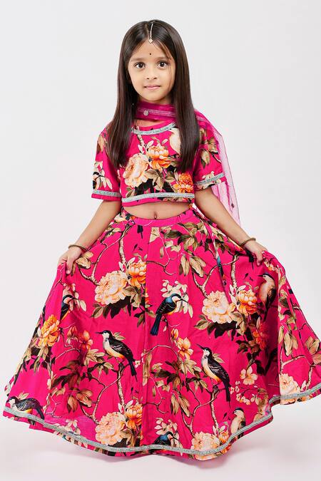 Shop_Mamma Plz_Pink Handloom Cotton, Voile, Chanderi Bird Print Lehenga Set _Online_at_Aza_Fashions