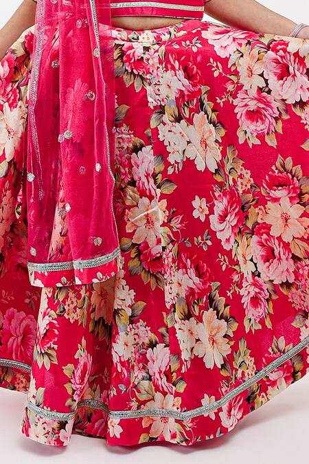 Mamma Plz_Pink Handloom Cotton, Voile, Chanderi Embroidery, Flowery Print Lehenga Set _Online_at_Aza_Fashions