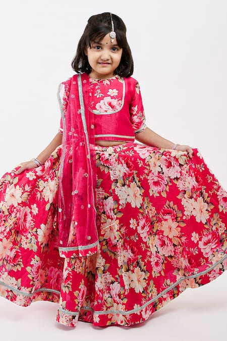 Buy_Mamma Plz_Pink Handloom Cotton, Voile, Chanderi Embroidery, Flowery Print Lehenga Set _Online_at_Aza_Fashions