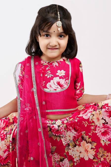 Shop_Mamma Plz_Pink Handloom Cotton, Voile, Chanderi Embroidery, Flowery Print Lehenga Set _Online_at_Aza_Fashions