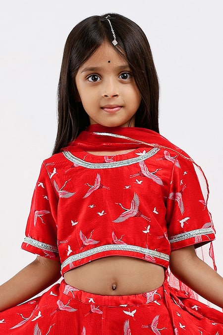 Mamma Plz Red Chanderi, Handloom Cotton, Voile Flying Bird Print Lehenga Set Online at Aza Fashions Mamma Plz_Red Chanderi, Handloom Cotton, Voile Flying Bird Print Lehenga Set _Online_at_Aza_Fashions