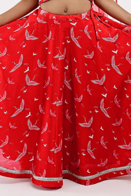 Buy Mamma Plz Red Chanderi, Handloom Cotton, Voile Flying Bird Print Lehenga Set Online at Aza Fashions Buy_Mamma Plz_Red Chanderi, Handloom Cotton, Voile Flying Bird Print Lehenga Set _Online_at_Aza_Fashions